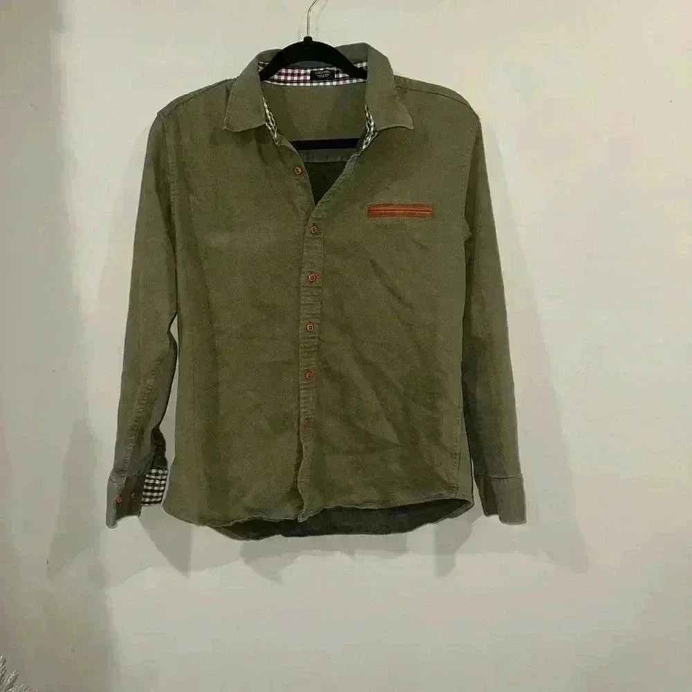CoofAndy Men's Size Small Army Green Denim Button Down Long‎ Sleeve Shirt